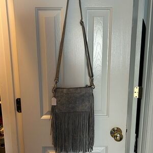 Gray Leather Fringe Crossbody Bag